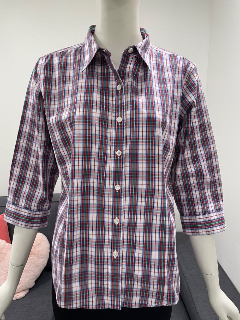 L.L. Bean Wrinkle Free 100% Cotton Plaid Shirt 3/4-Length Sleeves Size M Petite